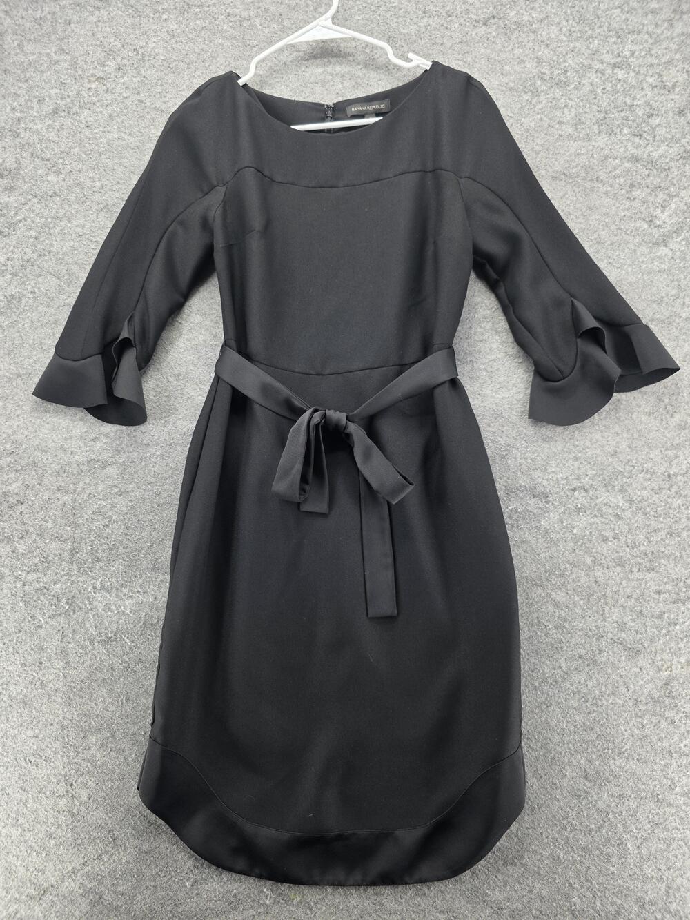 Banana Republic Dress Womens 0 Black 3/4 Sleeve Belted Ruffle Cuff Sheath